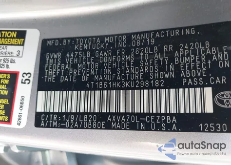 2019 Toyota Camry Xse from USA, damaged, VIN 4T1B61HK3KU298182